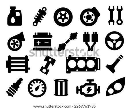 Auto parts. Car spare parts. Set of vector black icons. Big set of spare parts. Vector clipart isolated on white background.