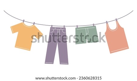 Clothes hanging on clothesline in outdoor. Drying clothes. Vector flat illustration.