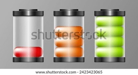 Batteries set. Charged and discharged glass batteries. Vector 3d clipart isolated on grey background.
