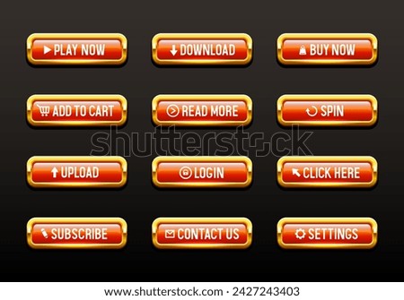 Buttons for web design. Red buttons in a gold frame. Set of vector 3D buttons.