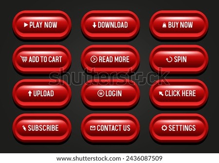 Buttons for web design. Red striped buttons in a black frame. Set of vector 3D buttons.