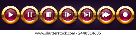 Multimedia buttons. Black buttons with golden frame. Vector clipart isolated on dark background.