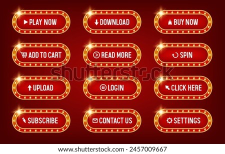 Buttons for websites. Red buttons in a frame with light bulbs. Big set of vector buttons for web design.