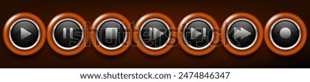 Multimedia buttons. Black buttons with wooden frame. Vector clipart isolated on dark background.