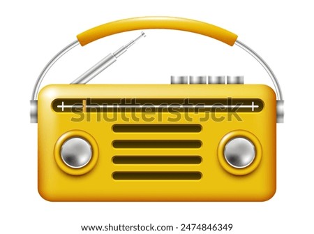 Retro radio icon. Yellow radio. Vector 3D clipart isolated on white background.