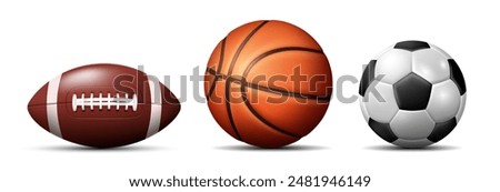 Set of balls. Soccer ball, basketball and American football. Vector 3d illustration.