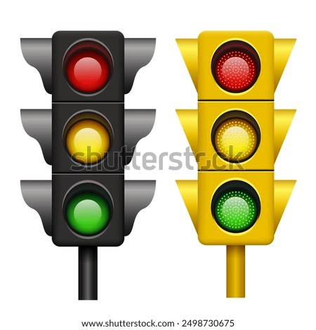 Traffic light set. Realistic 3D traffic light. Black traffic lights. Vector clipart.