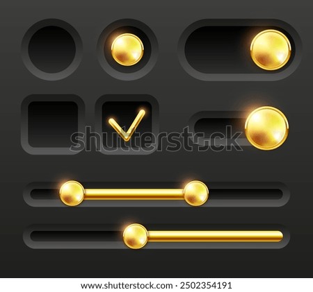 User interface design elements. Toggle button, Radio button and Checkbox. Vector set isolated on white background.