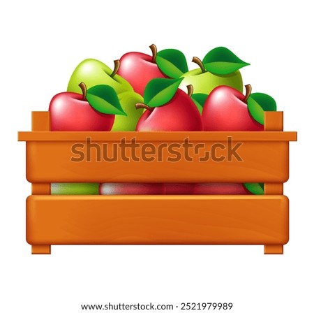 Wooden box with apples. Vector 3D clipart isolated on white background.