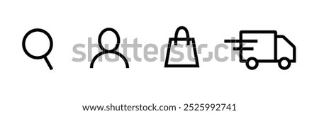 Black vector icons for website header. Search, personal account, shopping cart, delivery.