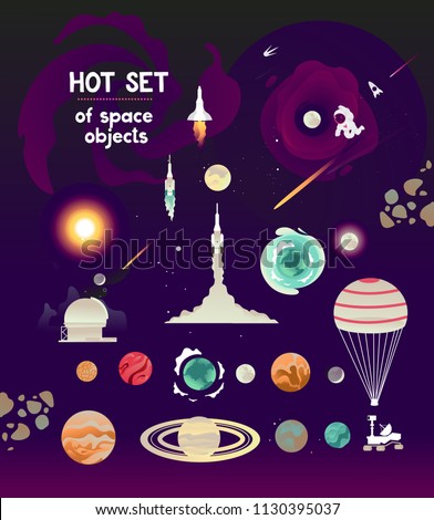 Vector planet set of  flat space  rocket objects at take-off, rover, solar system planets, observatory, meteorites, black hole,  parachute. Cosmonautics Day banner rocket cosmonaut.Astronaut in space 