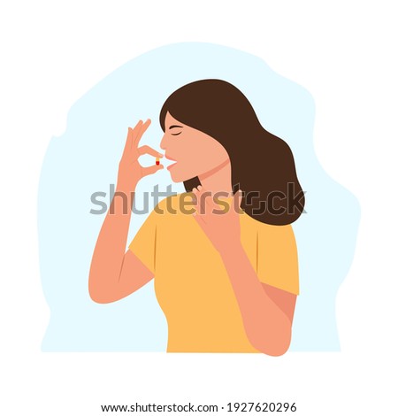 Woman takes a pill.Woman holds a pill in her hand and intends to take it. Chest pain, heartache.Medication treatment, pharmacy and medicine, concept. Vector illustration