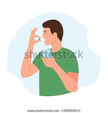 Man takes a pill.Man holds a pill in her hand and intends to take it. Boy holding  glass of water in hands. Medication treatment, pharmacy and medicine, concept. Vector illustration