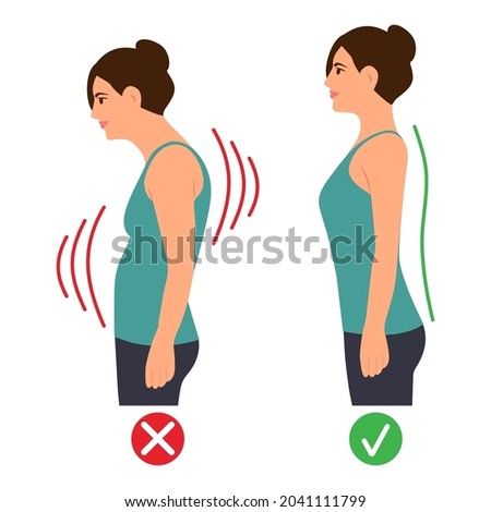 Correct and incorrect standing posture.Cervical spinal curvature. Hump. Healthy back.Vector illustration on white background.  Imagine de stoc © 