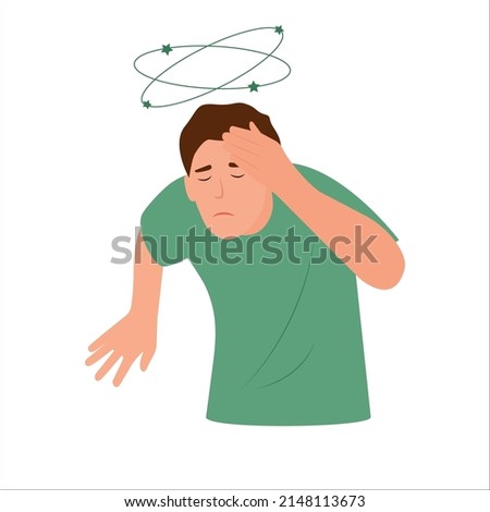 Dizziness. Man with closed eyes holds his hand on head, stars spin around his head. Sick man with vertigo.Vector illustration, flat design.