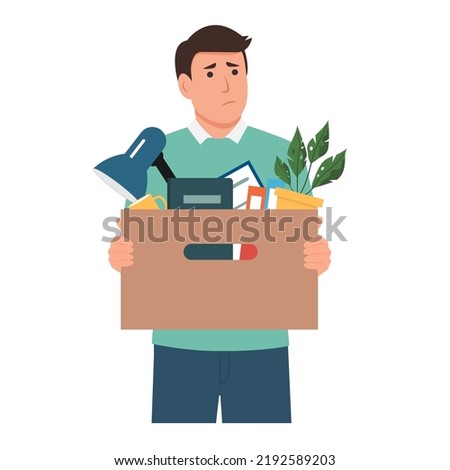 Dismissed employee holding belongings box. Unemployment, crisis, jobless and employee job reduction concept vector design.