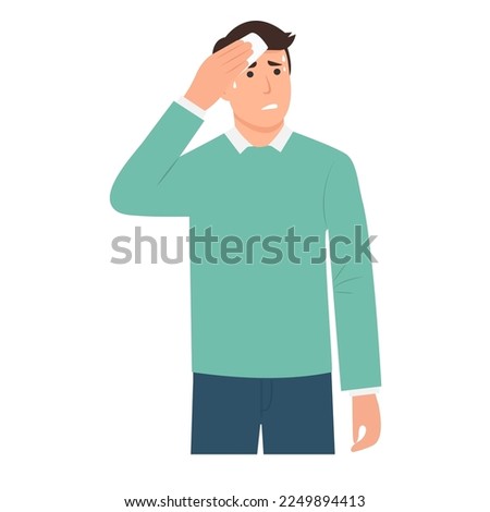 Man wiping sweat with napkin. Anxious excited man sweating in anxiety. Concept of audience fear. Vector illustration