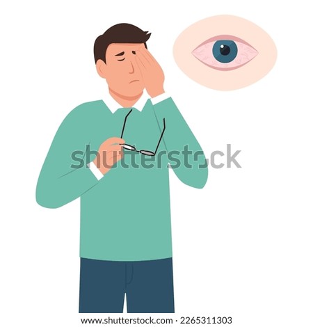 Man suffers from sore eyes. Inflammation and sharp pain in eyes.  Redness, dry eyes. Conjunctivitis, infection and allergies symptom. Vector illustration.
