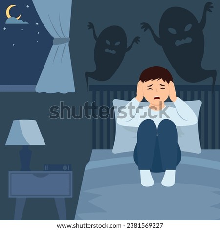 Fear of darkness concept. Child scared of monster from nightmare. Boy is Lying in bed without sleep and being afraid of ghost. Flat vector illustration
