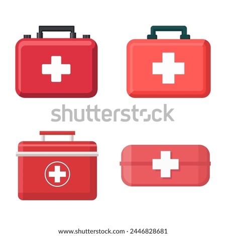 First aid kit box set. Red object with a cross on it, medical equipment, First aid storage, doctor's case.Vector illustration