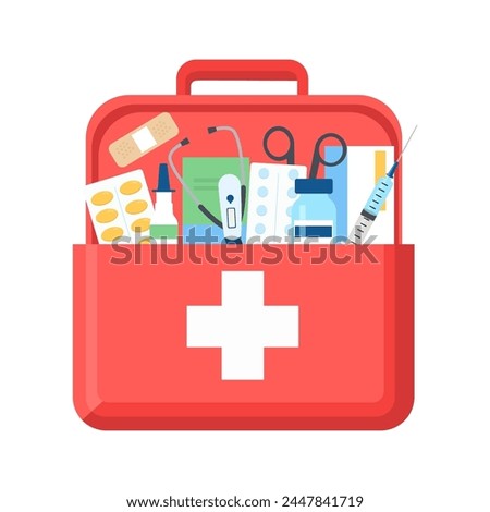 Open Red First Aid Kit. Vector illustration of Doctor Suitcase with Medical Supplies. Vector Illustration