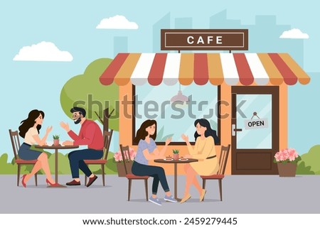 People drinking coffee on cafe terrace in summer. City coffeehouse building with street tables and chairs. Visitors resting outside cafeteria. Flat vector illustration 