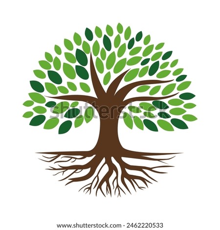 Green Tree with Leaves and Roots. Vector Illustration.