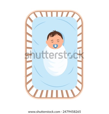 A baby peacefully sleeping in a crib. Top view.  The child, has a gentle smile on its face.Concept of baby comfort sleep. Vector illustration 