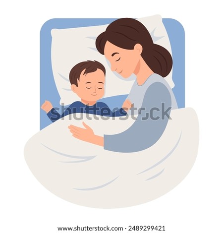 A woman sleeps with her baby at night in bed. Conceptual illustration of breastfeeding, safe sleep with the baby, motherhood, care and relaxation. Vector illustration