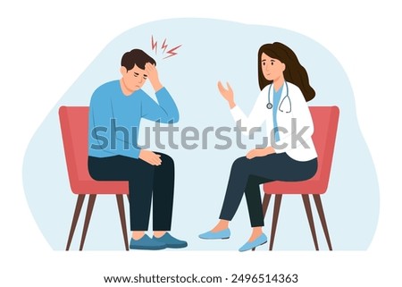 The patient and the doctor are talking in the office. Man with headache visits doctor. Physician consults patient, diagnoses, prescribes treatment.Vector flat  illustration.