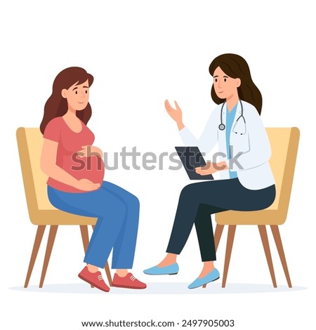 Pregnant woman at a doctor's appointment.Woman and the doctor are talking in the office.Monitoring pregnancy and healthy.Vector illustration