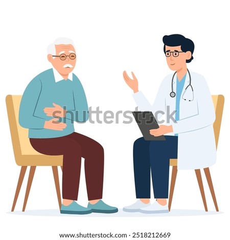 Friendly doctor sees elderly, makes diagnoses, prescribes treatment. Senior man with stomach ache.Doctor and patient.Vector illustration