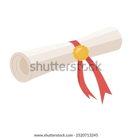 A paper scroll with a graduate diploma about graduation of university, college, school, education certificate, graduation degree. Diploma decorated with a wax seal and a red ribbon.Vector illustration