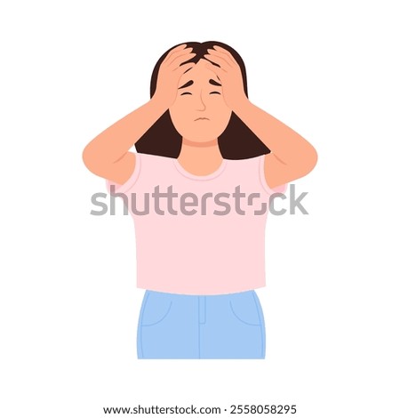 Young woman covering her ears with hands.Anxiety, fears,loud sounds, mental feeling problems. Mental health issues.Flat vector illustration.