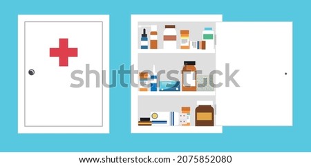 First aid kit. Home first aid kit. Opened first aid kit. Medicines at home. Medicines in the office. First aid kit.