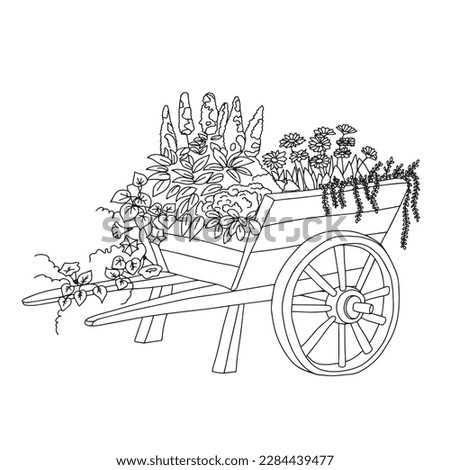 Cart with flowers in doodle style. Decoration for garden hand drawn outline illustration.
