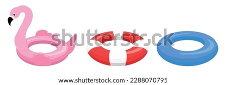 Collection of life buoy isolated on white background. Pink flamingo help ring. Classic red and white rescue circle. Blue lifebuoy. Vector illustration.