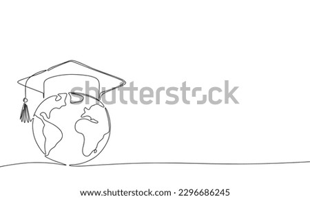 Graduation cap on earth, one line continuous illustration. Line art graduation international education concept vector.