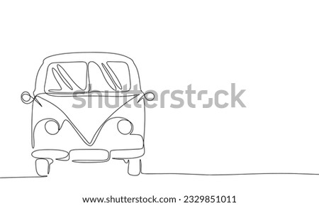 Summer surfing van one line continuous. Van concept banner. Line art outline vector illustration isolated on white background.