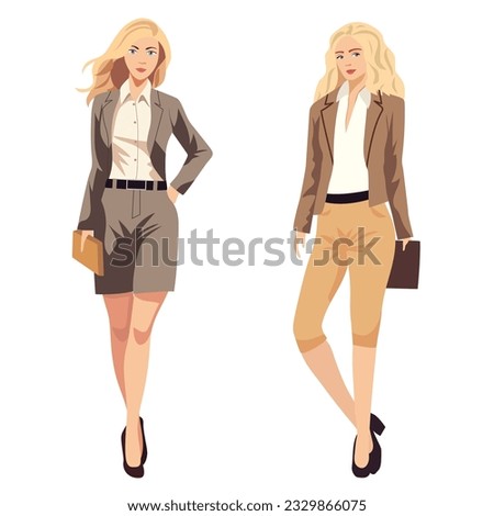 Elegant business women in formal clothes. Base wardrobe, feminine corporate dress code. Women in office clothes.Vector illustration with isolated characters.