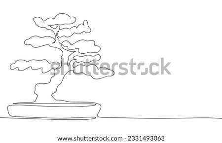 One line continuous bonsai. Concept minimal tree in pot banner. Line art, silhouette, outline, vector illustration.