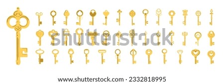 Large collection of golden vintage keys. Keys icons set, isolated. Gold keys signs and symbols collection. Icon, pictogram, vector illustration.