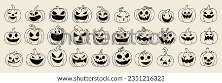 Large collection of Halloween pumpkins outline. Set of Doodle Jack o Lantern. Halloween pumpkin icons set. Vector illustration.