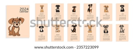 Calendar 2024 A4 with dog. Week start from Sunday. 12 months. Calendar with cute puppy colored outline. Hand drawn cute dogs. Vector illustration.