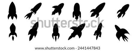 Big collection of rocket silhouettes. Hand drawn vector art.
