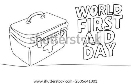 First Aid box one line continuous. World First Aid Day text lettering. Hand drawn vector art