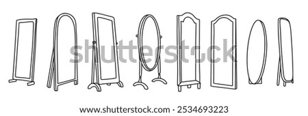 Collection of standing mirror in doodle style. Hand drawn vector art.