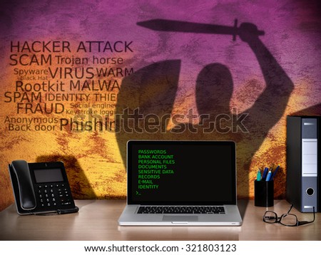 cyber crime fraud concept of computer hacker attempt of identity theft  versus antivirus software .