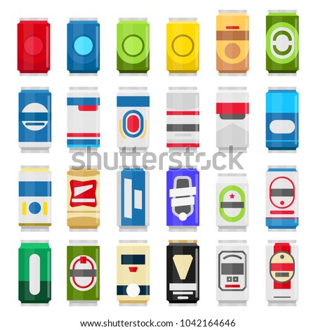 Various cans of beer and coke isolated on white background. Beverages vector flat illustration with beer icons. Drinks infographic elements.