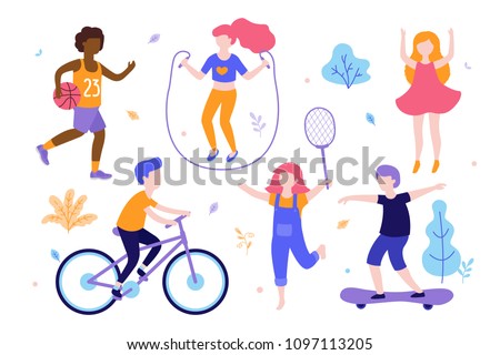 Children activities. Set of kids doing sports, riding the bicycle, playing basketball, jogging, jumping, skating different poses. Sports outdoods vector flat illustration isolated on white background